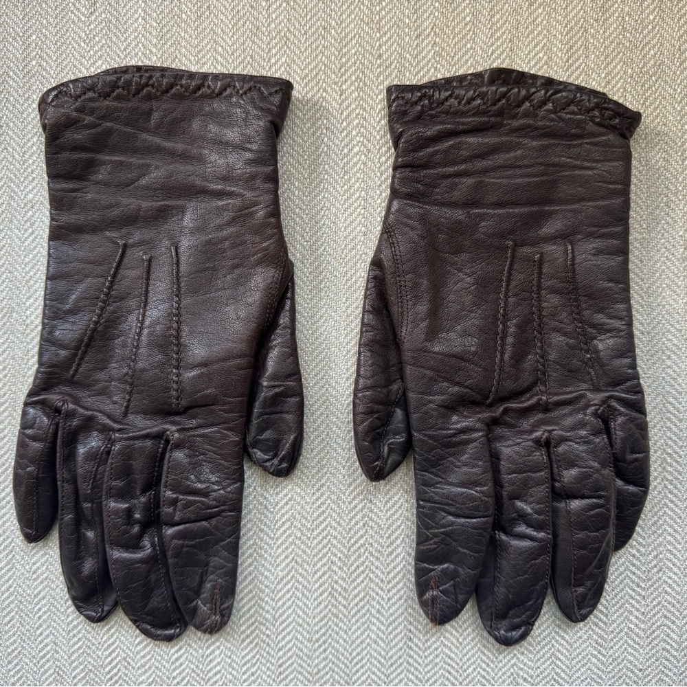Women’s Vintage Leather Gloves Dark Brown Wool Lining Size Small